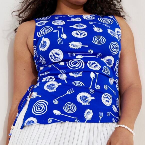New Lisa Says Gah Erin Tank Top Asymmetrical Ruched in Blue Caviar Dreams Print - Picture 10 of 13